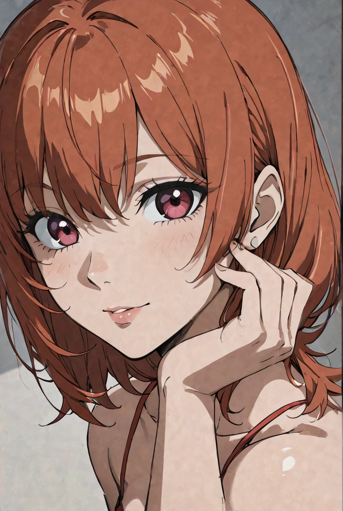 1girl, solo, long hair, breasts, looking at viewer, bangs, red eyes, cleavage, hair between eyes, collarbone, upper body, red hair, parted lips, pink eyes, lips, eyelashes, portrait
