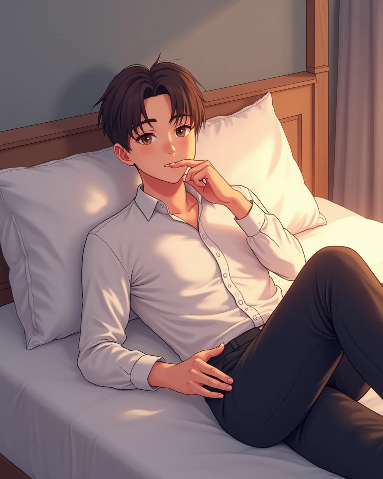 Boy, brown hair, boxers, lying on bed, holding phone, night time, lamp, hand in boxers, bedtime, in bed
