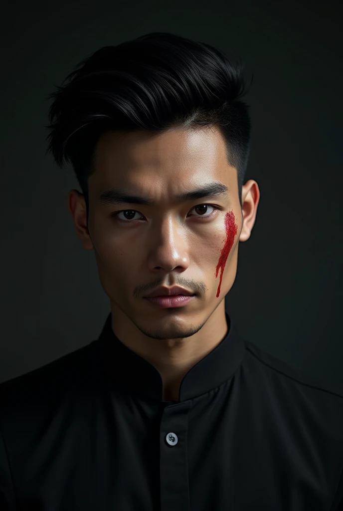 create realistic korean demon vampire man with perfect face, with black hair short hair style, stark, muscular and broad-shouldered and shirtless, with an evil look and no beard