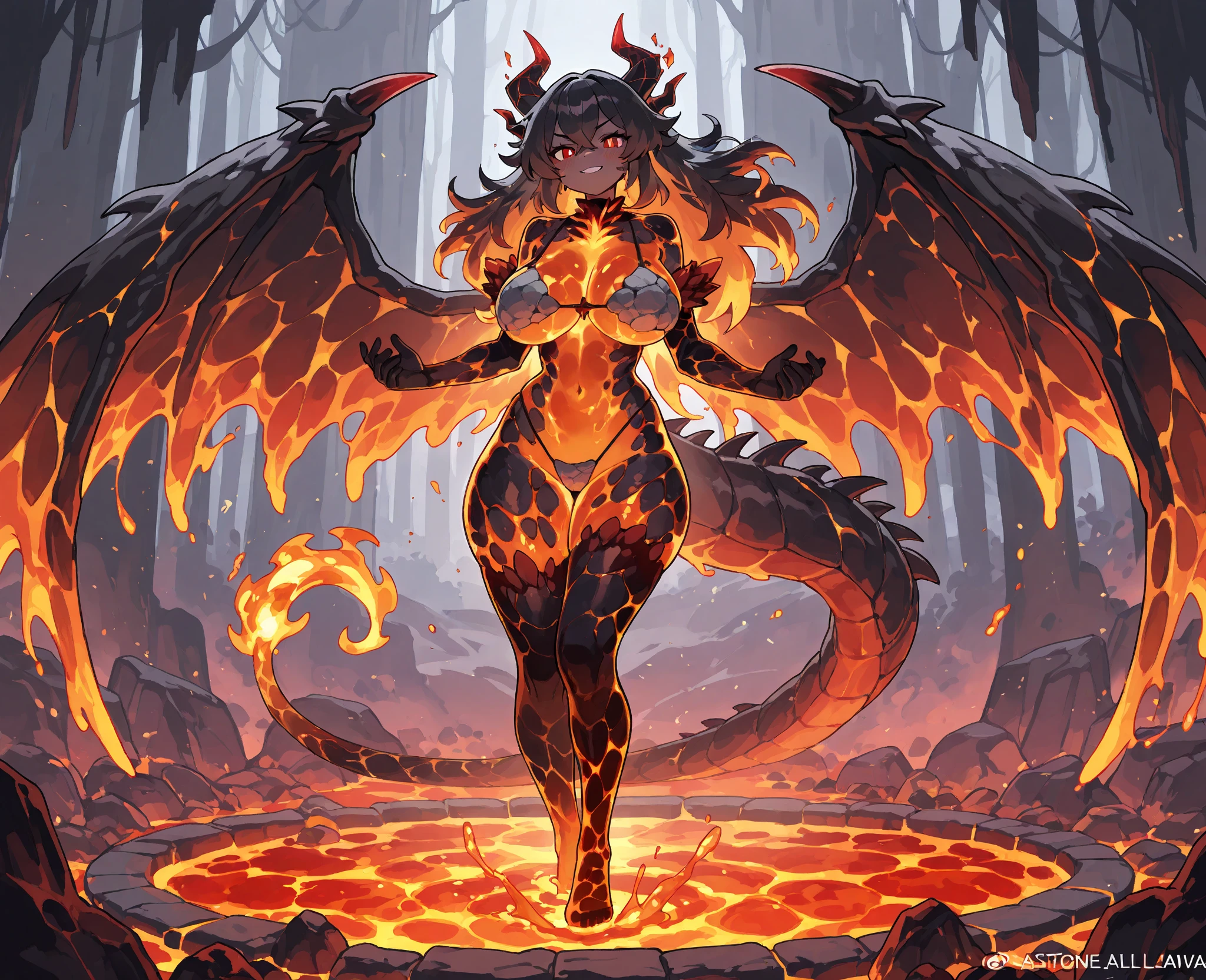 Masterpiece, High quality, High quality of art, best quality, best details, anime artstyle, 2d lineart, anime 2d lineart, ultra detailed, Furry, female, protogen, dragon, Reptilian skin, pebbles and crystals on the skin, gradient from purple to blue green eyes, The wings of a black hole, large breast, naked, nsfw, In cosmos, A lot of honey on the chest, fluffy hair, stone skin, lava and space around, Pink misty wings, Red neon Deer's horns, a huge snake worm crawling in the background, White jaw, Gradient eyes from bright pink blue to bright blue green, Lava flows out of the vagina, black lotuses in the lava, cubic lava flows out of the vagina, red lava