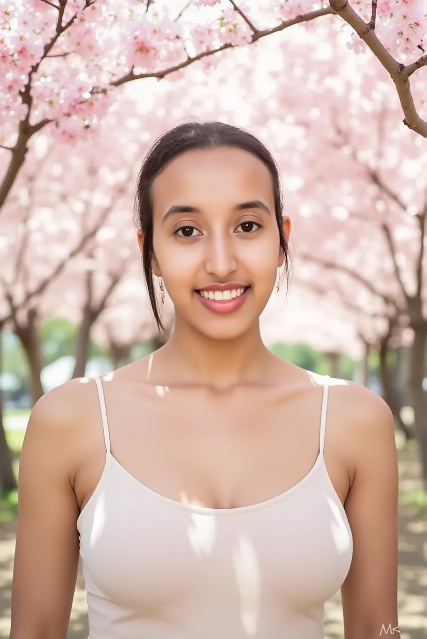 RAW photo, portrait, medium shot, from front, PriBlle, smiling, athleisure fashion, tank top, long hair with blonde highlights, shot on Leica M3, 8k, uhd, masterpiece, natural lighting, vibrant colors, outdoors, park, cherry blossoms, sexy, cute, flirty <lora:PriBlle:0.9> <lora:XenoDetailer_v2:0.6>