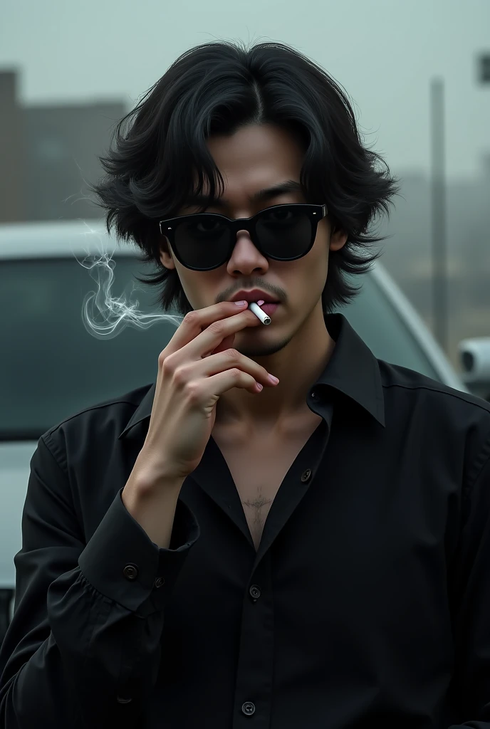 araf man with a cigarette in his mouth in a car, cai xukun, Jungkook, inspired by Jeon Jungkook, korean artist, Jungkook inspired, cute japanese demon boy, inspired by Kim Deuk-sin, JUNGKOOKIE, Yakuza, facial demon, cute sensuality jeon jungkook, freshly cut beard on chin