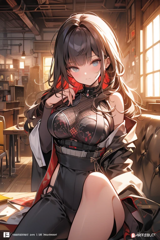 moon, full_moon, 1girl, night, building, petals, breasts, long_hair, cleavage, cityscape, smile, skyscraper, off_shoulder, jacket, city, solo, looking_at_viewer, night_sky, bare_shoulders, medium_breasts, very_long_hair