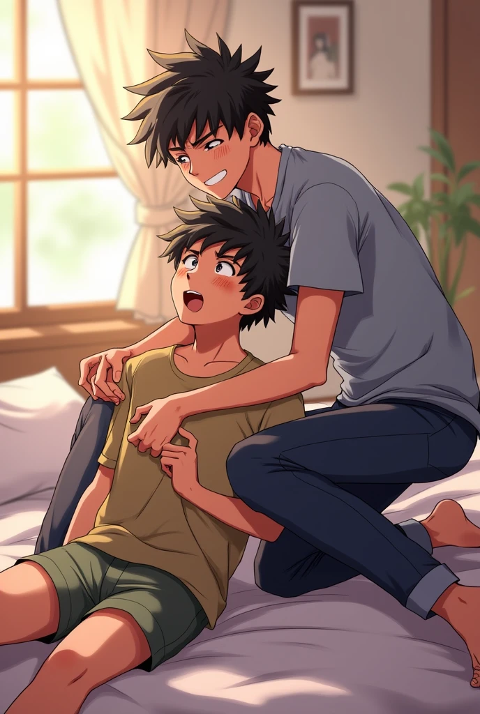 In the morning bed room,  a slender amd mascular young man in his tighty whities is lying on his bed. He wet his bed. there's a pee stain on his white briefs and bed. He is holding his crotch. He looks embarrassed. His young brother finds it funny, and laughs at him. Anime.