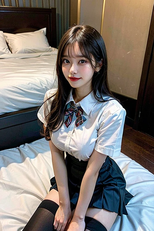 Beautiful school girl,(((school uniform))),(((Her white underwear、I can see it through my dark blue skirt that I lifted up。))),Camel Toe,(Sleep state:1.5),Japanese,(Big Breasts:1.0),(((On the soft white sheets))),18-year-old,Well-proportioned face,Detailed face,Brown Hair,Tight waist,Beautiful leg lines,Beautiful skin without blemishes,A model with outstanding style,Sensual Gravure Idol,Deep Shadow,The focus is on the face,Ultra-high resolution,Depth of written boundary,