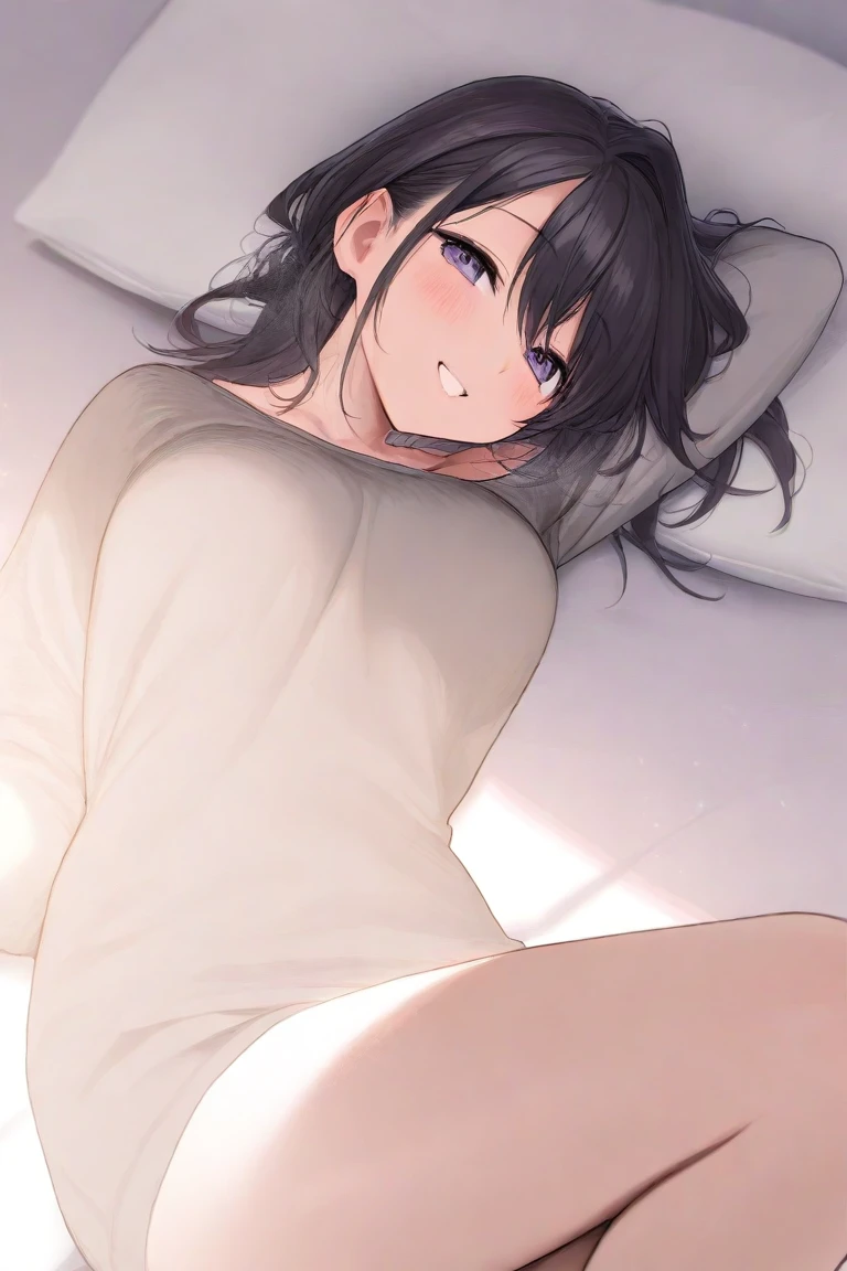 masuter piece,、Top image quality、top-quality、wall-paper、32K、,little face woman、((embarrassed from:1.3))、(Teary-eyed:1.5)、(((Cute underwear)))、Lying on your back in bed、forced to spread legs、ample breasts