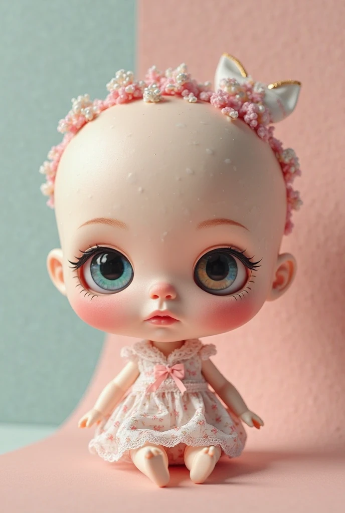 White AI doll with green hair and blue eyes with a pacifier in her hand and a short pink dress