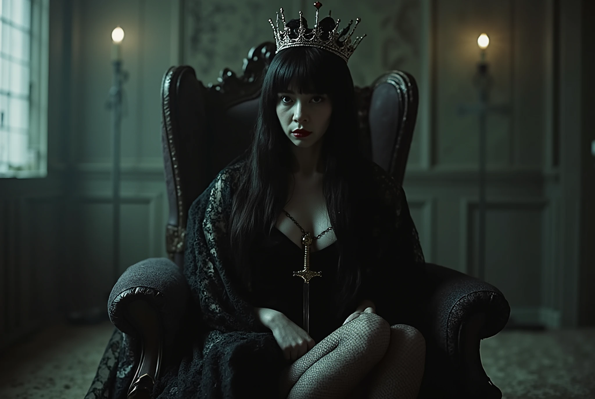 (((The Dark Throne in the Dark Castle:2.0))),((A dark room with no lights at all:2.0)),(((Dark horror atmosphere with a gothic feel:2.0))),(((A long embroidered cloak with an open front on a:2.0))),Sitting posture,((black high heels:2.0)),One female ghost,((super cute face:2.0)),(Beautiful well-balanced face :2.0),((long hair with bangs:2.0)),(black hair:1.5),(beautiful eyes:1.5),glamorous shot of a 20-year-old Japanese woman, Slender Beautiful Body ,((model body type:2.0)),((slim body:1.7)),perfect body line,Ideal Proportions,((big  on the floor:2.0)),((スリーサイズ90-58-86:2.0)),((G cup breasts:2.0)), popup,((((Underboob:2.0)))),Bare thighs,Sensual Thighs,delicate body,(Glutinous Flesh:1.7),harmonious posture,((Realistic breast depiction :1.7)),Carefully Depicting Limbs Based on Perfect Anatomy,((super high-leg leotard in the style of the king of darkness with a copper sword:2.0)),((super high-leg leotard with a beautiful, shiny copper sword:2.0)),((Hi-leg leotard with a large shiny copper sword:2.0)),(Black lipstick:2.0),((Wear a black lace short veil over your head:2.0)),((((Coarse mesh fishnet stockings:2.0)))),(((Copper crown:2.0))),Concept Art,(top quality:2.0),(masterpiece:2.0),((超high resolution:2.0)),high resolution,UHD,(Delicate Description), carefully drawn with butterfly wings ,32k,((realistic skin texture:1.5)),(((ultra-realistic:1.5))),carefully draw eyelashes,very detailed face,Highly detailed female hand, Sexy appearance ,very sensual,(Blurry Dim Backgrounds :1.5),professional photo shoot,(movie light:2.0),((Rembrandt-style lights:2.0)