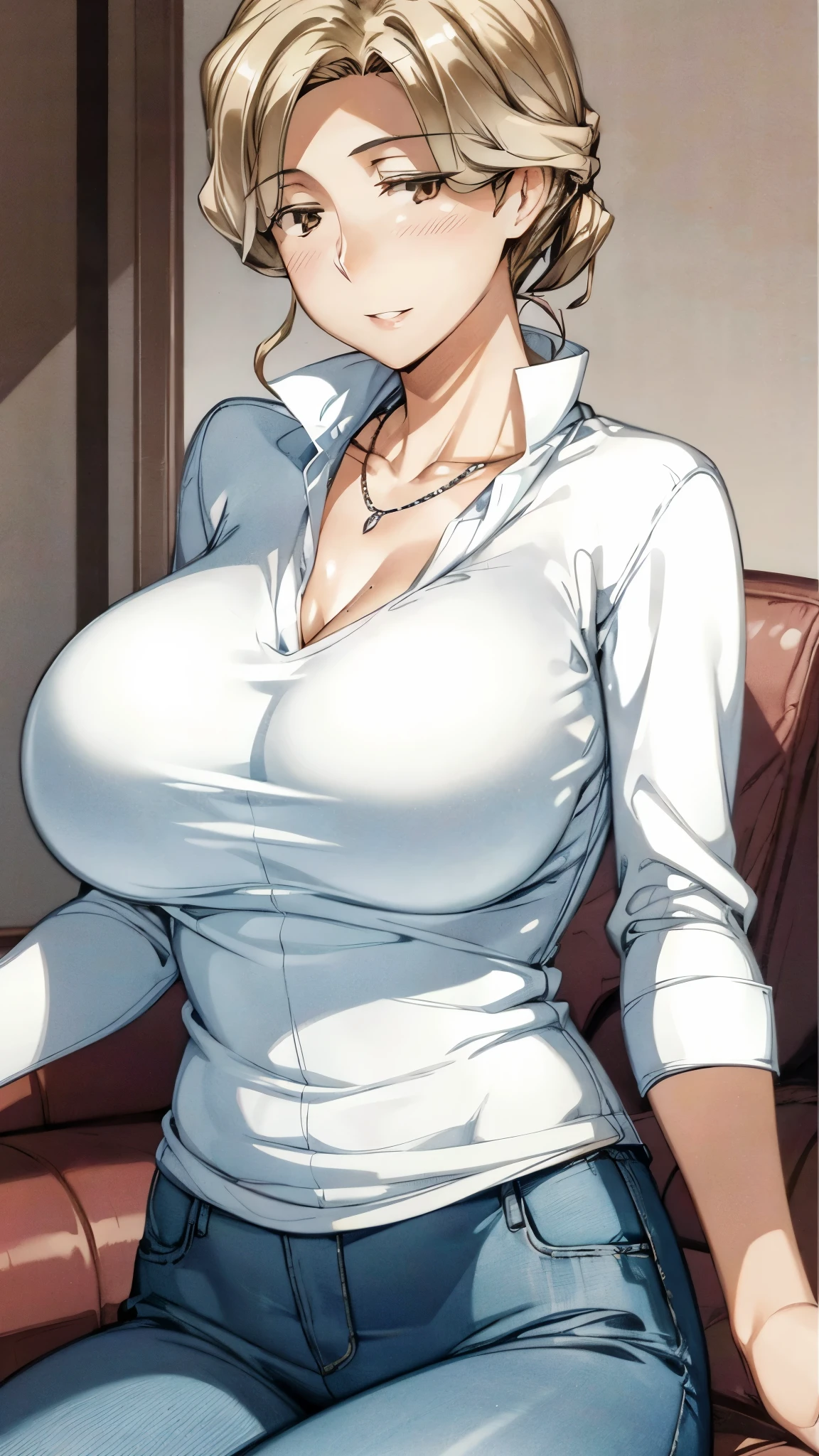 (super quality,super high resolution,16k,Super Masterpiece,Ultra HD ,detailed shading and background,)sexy mature woman,white shirt with the sleeve turned back,cleavage,necklace,Big Breasts, denim pants,cover,maternal smile,thick lips,living room,