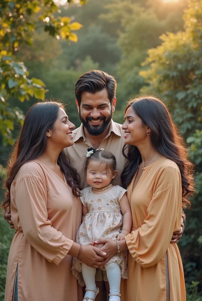 a family of light-skinned peasants, the brown father, the black-haired mother, two daughters and a son, One is brown-haired and the other is black-haired like her brother.. Everyone smiles at the camera. They are in a forest., the girls wear dresses, Men, on the other hand, wear jeans and plaid shirts., in the sixties