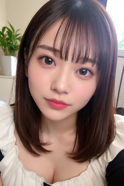 1 female、Highest quality、Ultra-high resolution、(Realistic:1.4)、blush、cute、(Detailed face)、Laughter、Looking into the camera、Inside the room、Black underwear、Accentuate your breasts、Large Breasts、Shortcuts、Mole in the eye、Upper Body、Selfie feeling、Married women