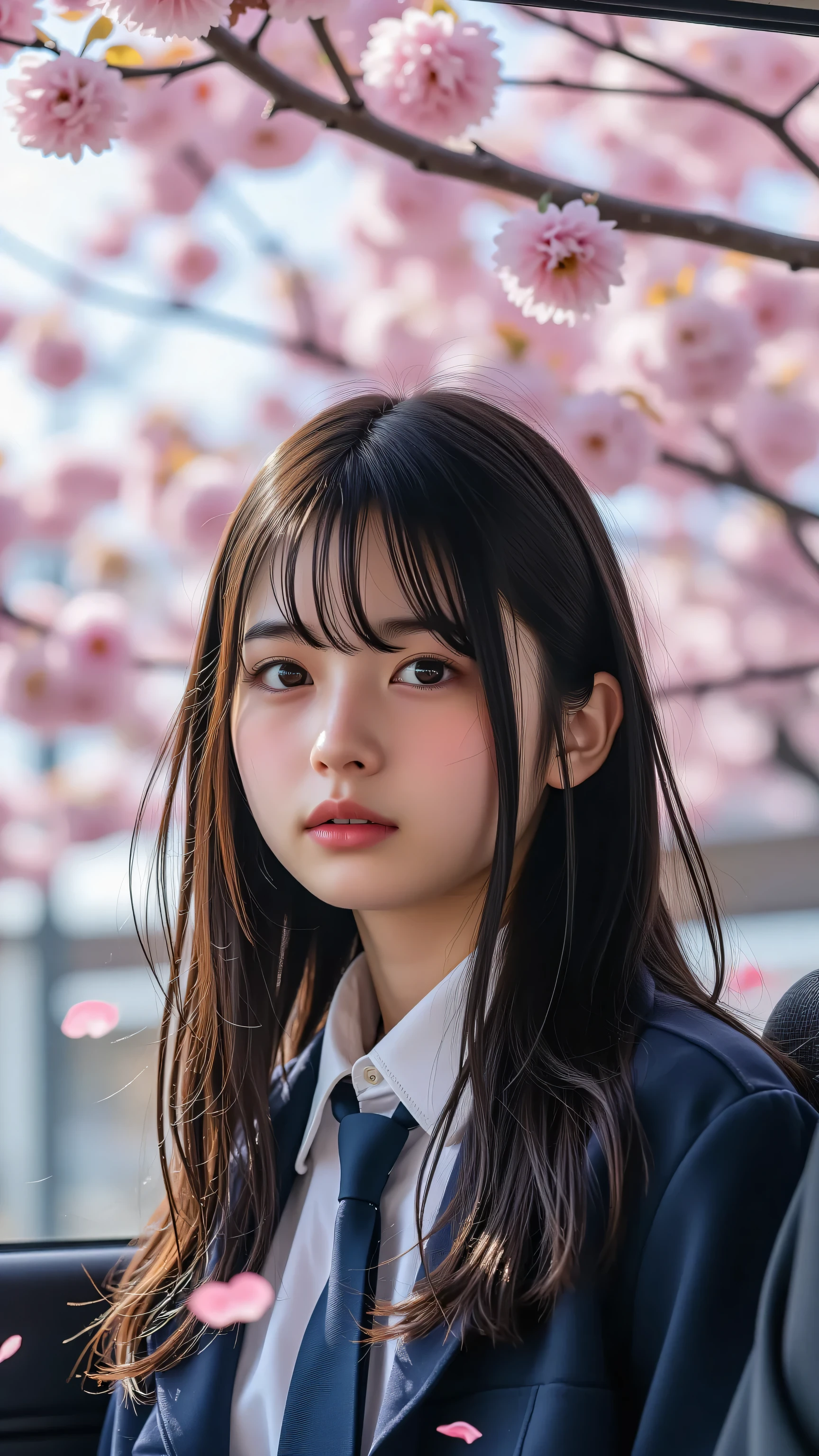 Generate an upper-body shot of a girl with long brown hair styled casually messy, wearing a school uniform consisting of a white shirt with wing collars, navy blue necktie, and dark jacket. She is seated inside a vehicle, but the background outside is filled with sakura trees forming an overhead canopy of blossoms. The petals are visibly swirling and layering the air for an enchanting springtime effect.