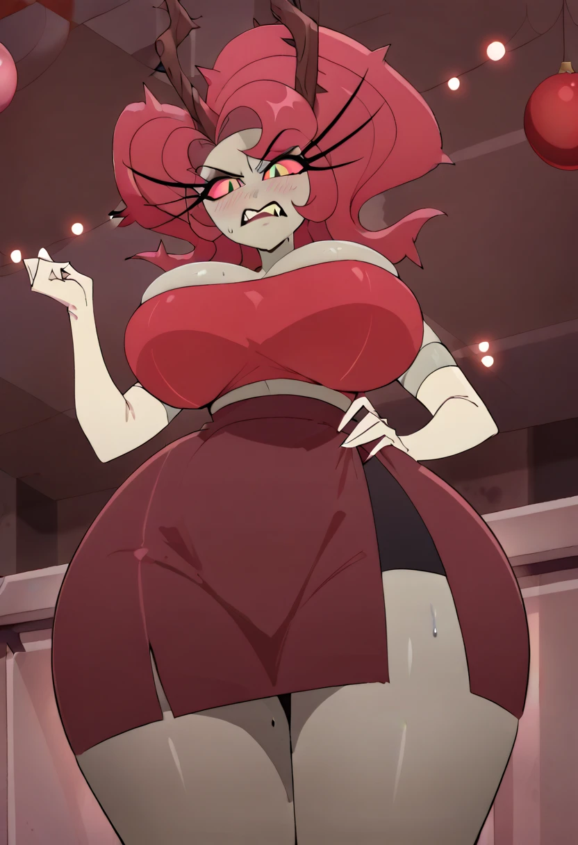 a girl princess tall sexy big breast pretty beauty attractive long red hair round her yellow eye shine pink scarf wide neck dresses beautiful black bra shape red flames shows navel curve wide sexy and a black thong thighs sensual wears black boot big long military black gloves