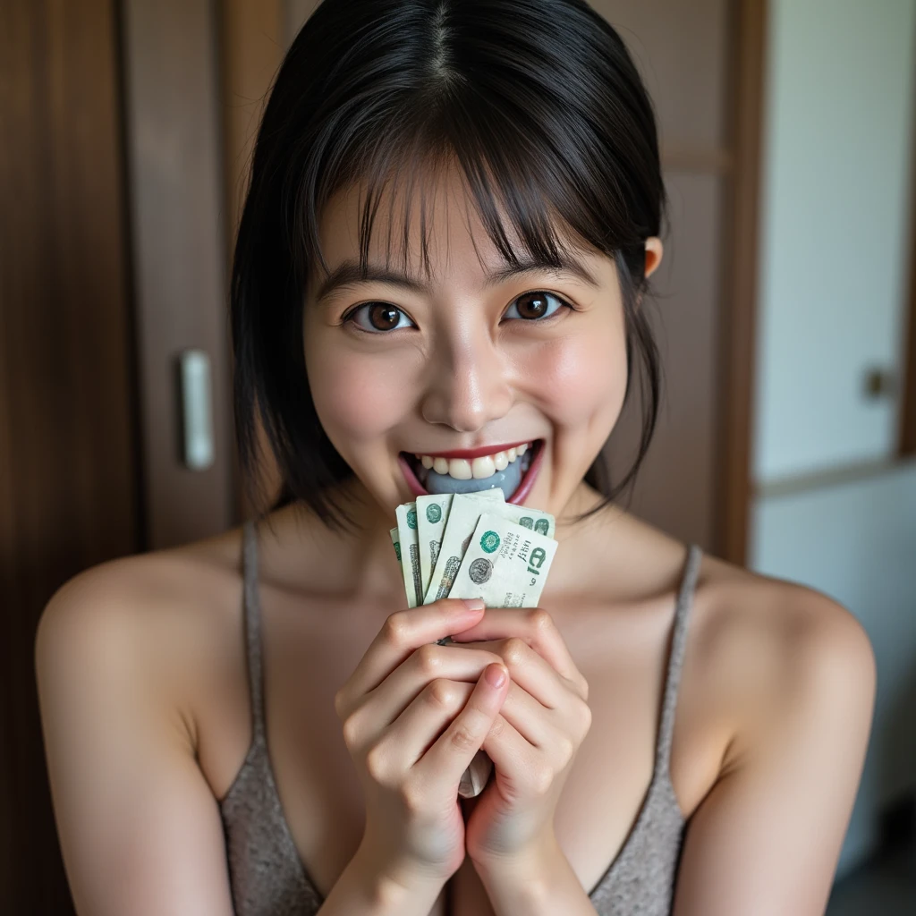 1girl, (solo), masterpiece, best quality, 8K, hight resolution, extremely detailed girl, extremely detailed beautiful face, Beautiful skin, shiny skin, perfect anatomy, smile, beautiful eyes, ideal ratio body proportions, front view, upper body, red off shoulder top, (cleavage), smile,face focus, (have paper money:1.3), (showing banknotes:1.4), showing money, bank bill, $,photorealistic,