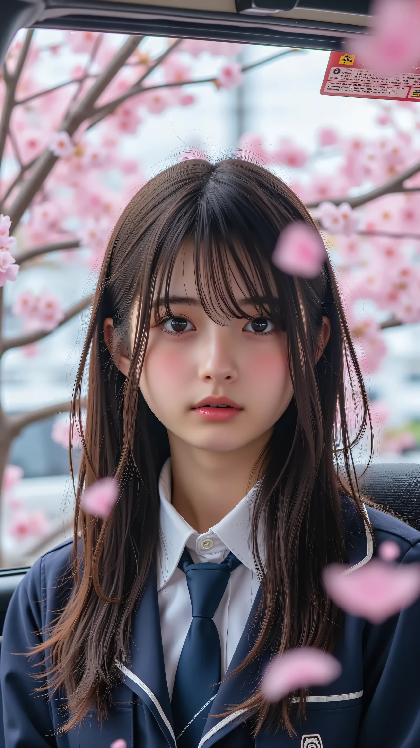 Generate an upper-body shot of a girl with long brown hair styled casually messy, wearing a school uniform consisting of a white shirt with wing collars, navy blue necktie, and dark jacket. She is seated inside a vehicle, but the background outside is filled with sakura trees forming an overhead canopy of blossoms. The petals are visibly swirling and layering the air for an enchanting springtime effect.