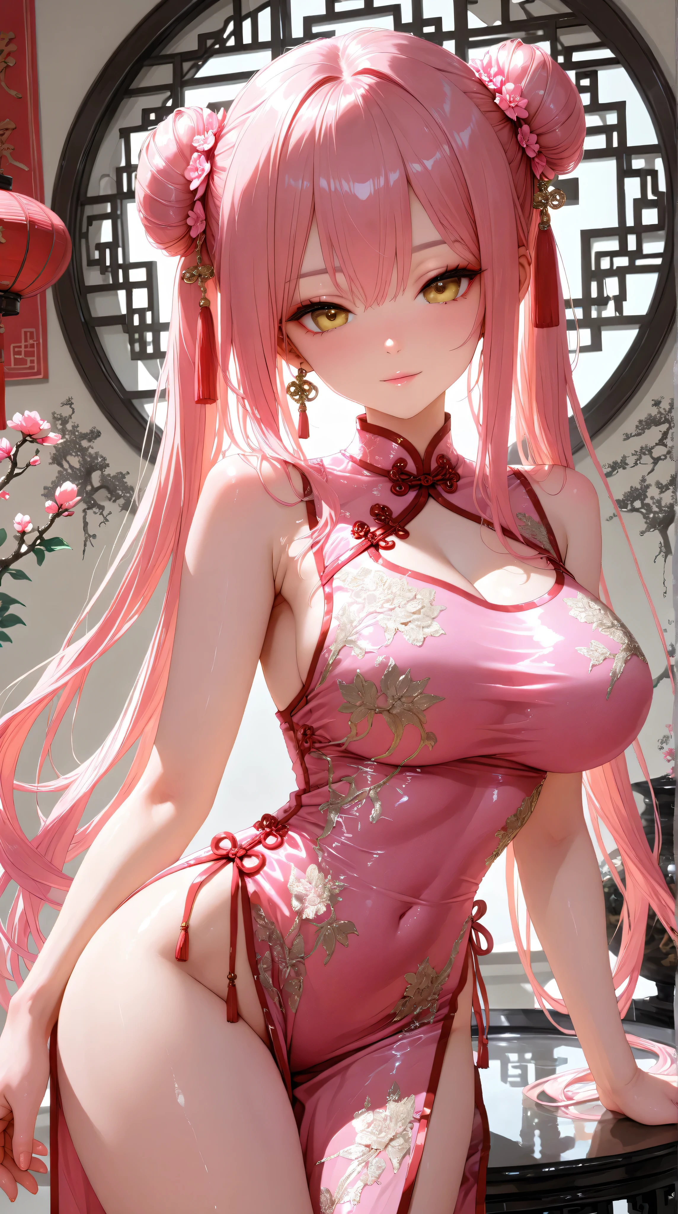 top-quality、tmasterpiece、Very high resolution、super high image quality、High-quality pixels)、perfect eyes, perfect face, perfect body figure,solo,8K, large breast,(Detailed description of hair), (Detailed description of face),(Detailed description of body), fair and clear skin, matchless beauty, long legged, light pink hair details expressed, The details have been upgraded,(light pink eyeball:1.3),model posture,wolf ears,pink wolf tail,poetic environment,(chinese-style bedroom:1.2), cowboy shot,stylish long cheongsam, behind desk, writing, girlfriend ssmile, Russian face feature, gentle expression