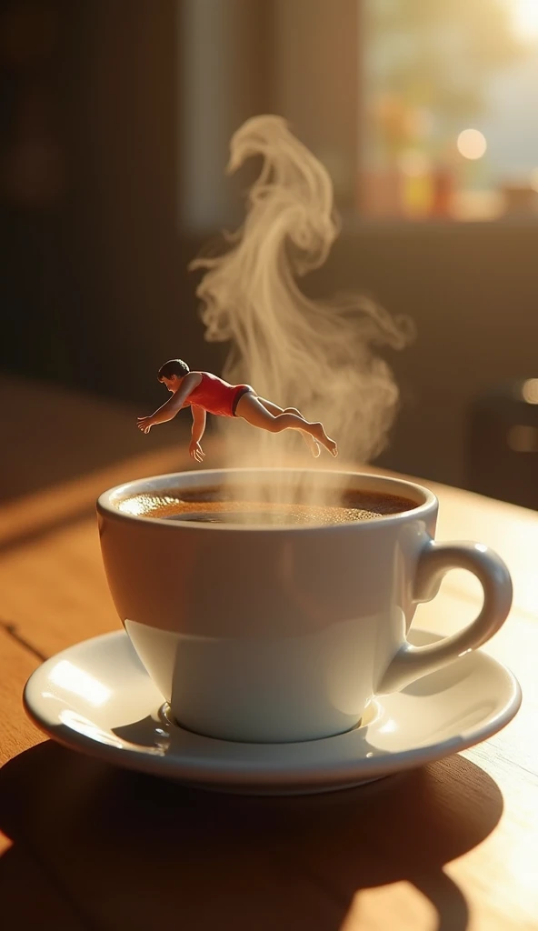 photorealistic:1.2, a tiny woman doing a (Headfirst jump:1,2) to a Porcelain espresso cup that is on a Porcelain plate, the plate is on a table at a restaurant , photorealistic, shot by ARRI ALEXA 65, 50mm lens, cinematic lighting, studio light, rim light, high contrast, soft colors