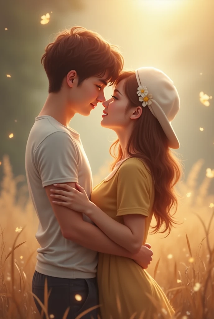 A 20 year men waited for a long time to talk to her girlfriend and she is also 20 year old .Give me the romantic image of both where the men is wearing a t-shirt in which the back side of t shirt shows a name called AATIF and a girl back side T-shirt name written is SANIA ...And boy is wishing her for her birthday.