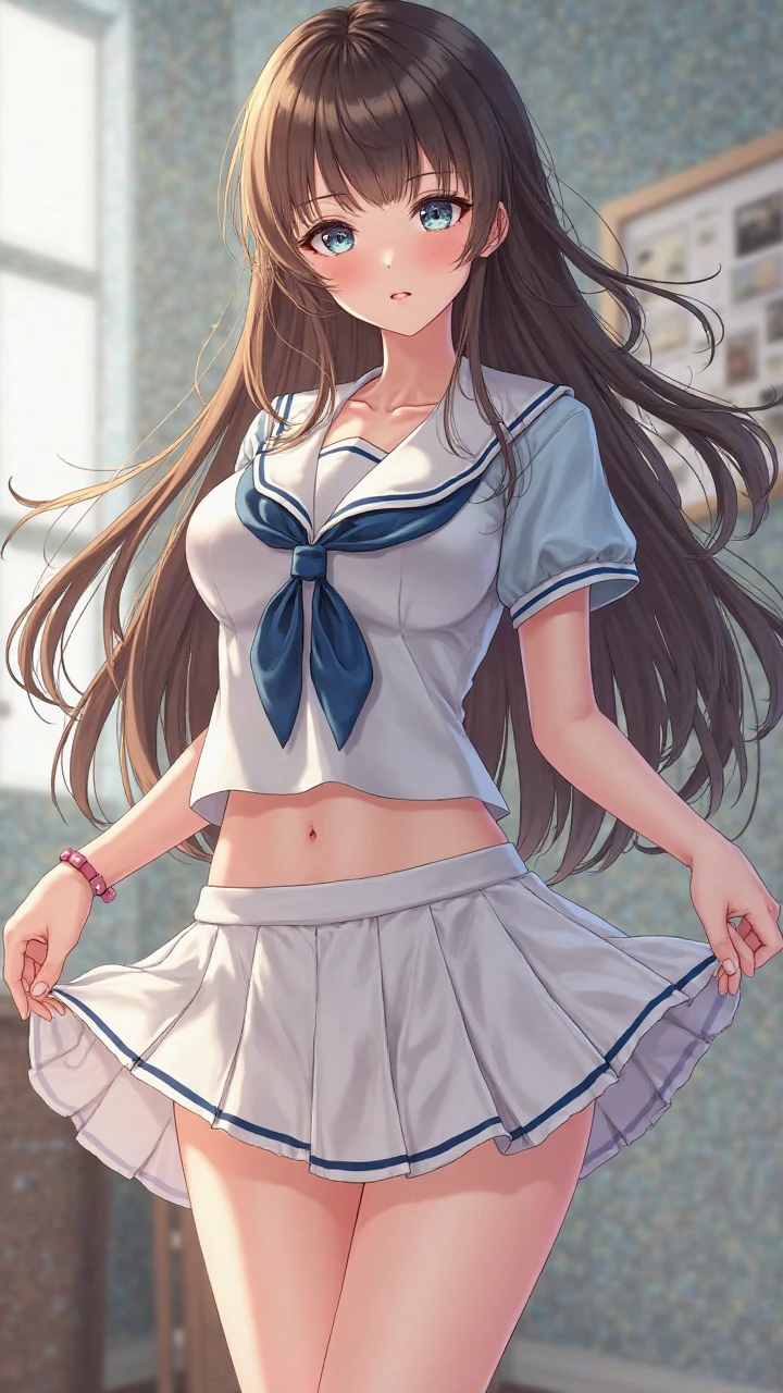 NSFW, masterpiece,high detail,best quality,super detail, blush, happiness, ((Kobayakawa Sae, black hair, long hair, sailor suit, school sailor uniform, sailor collar)), (from front, looking down, looking at viewer), (white pantie), showing off pantie, ribbon shorts, white shorts, (standing, lift up skirt, skirt lift:1.3), (tied up,shibari,tied up with rope:1.3)