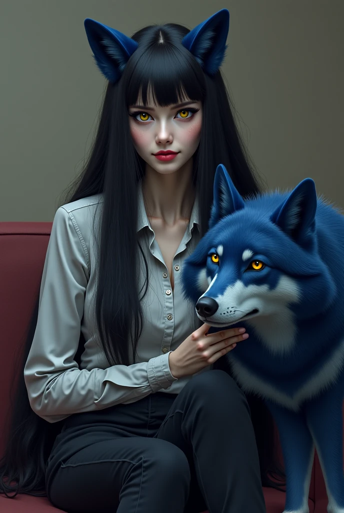 Femme asiatique avec des cheveux noirs , une chemise noire et un long manteau marron, avec des yeux gris, sourire diabolique jouant au dés, avec enfants un atome et un loup blanc