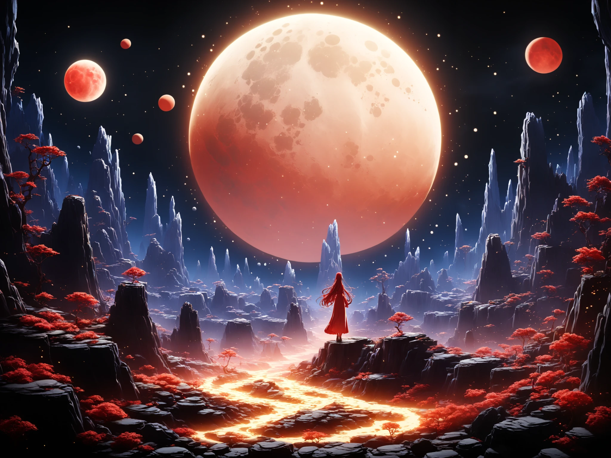 1 woman, golden eyes, red hair, long hair, white dress, elaborate dress, elaborate pattern, long sleeves, transparent sleeves, moon goddess, standing on a rocky outcrop, cliff, at night, one hand stretched out to the sky, back view, turned away from the viewer, night sky, two full moons, gigantic full moons, one full moon is larger than the other, one full moon shines red (giant moon: 0.8), other full moon shines blue (giant moon: 1.3), BREAK masterpiece, best quality, very aesthetic, absurd, latest, cinematic, cinematic lighting, cinematic shadows, perfect eyes, clear eyes, very detailed eyes, cinematic composition, anime coloring, anime screenshot of jujutsu kaisen, perfect hands, perfekt anatomy
