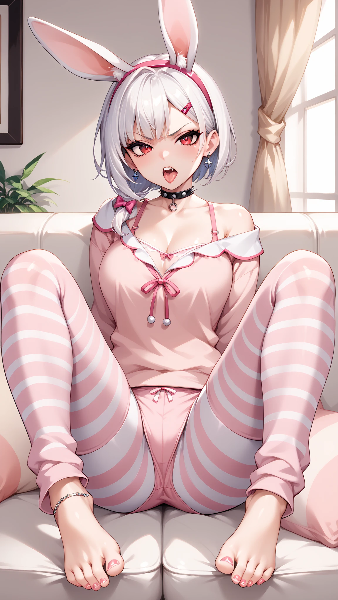 (Highest quality, 4K, 8k, High resolution, masterpiece:1.2), Very detailed, Picturesque, Anime-style photos, Photo Animation:1.37)、Japanese、(Pink Hair)、(Pixie Cut)、extasy Face、steam、Black choker、stick out butt、White lace underwear、White garter belt、White knee-high stockings、Nakano Ichika