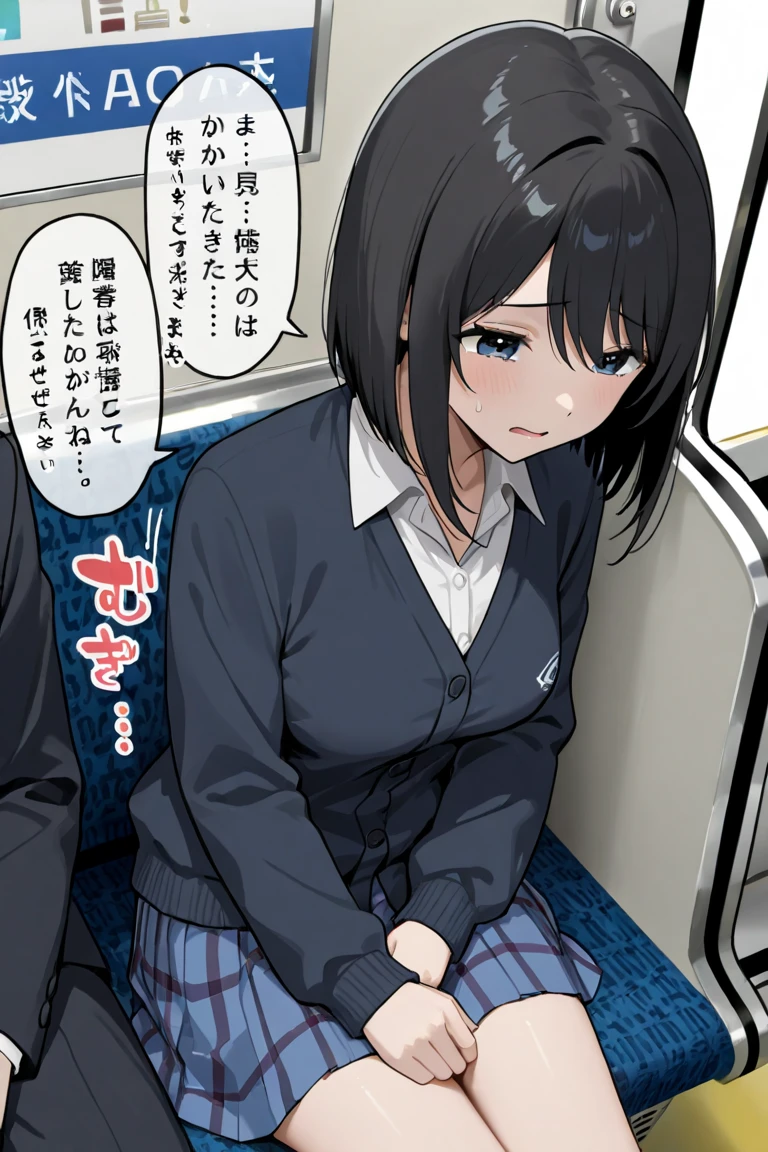 A middle-aged man is pressing his penisnst the breast of l-breasted girl whying down on a train, crying, with black bob hair, erect nipples, pale puair, t no underwear, wearing a plaid skirt, feeling embarrassed and scared, and resisting.、whole body