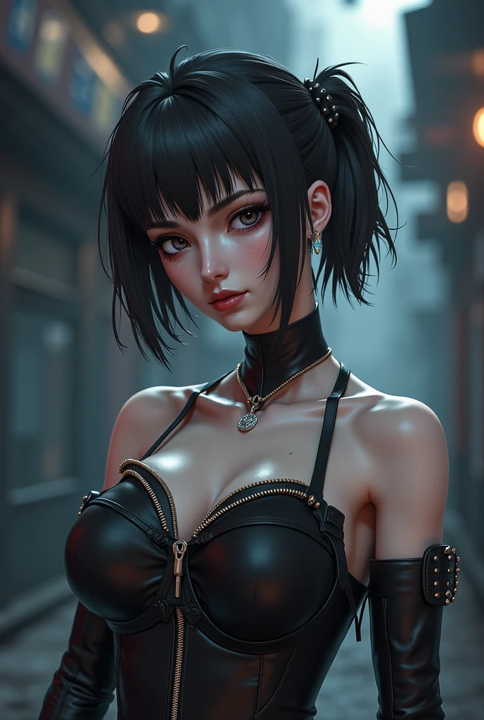 a 30 yo woman,(hi-top fade:1.3),long hair,dark theme, soothing tones, muted colors, high contrast, (natural skin texture, hyperrealism, soft light, sharp), Ninja, net, big breast