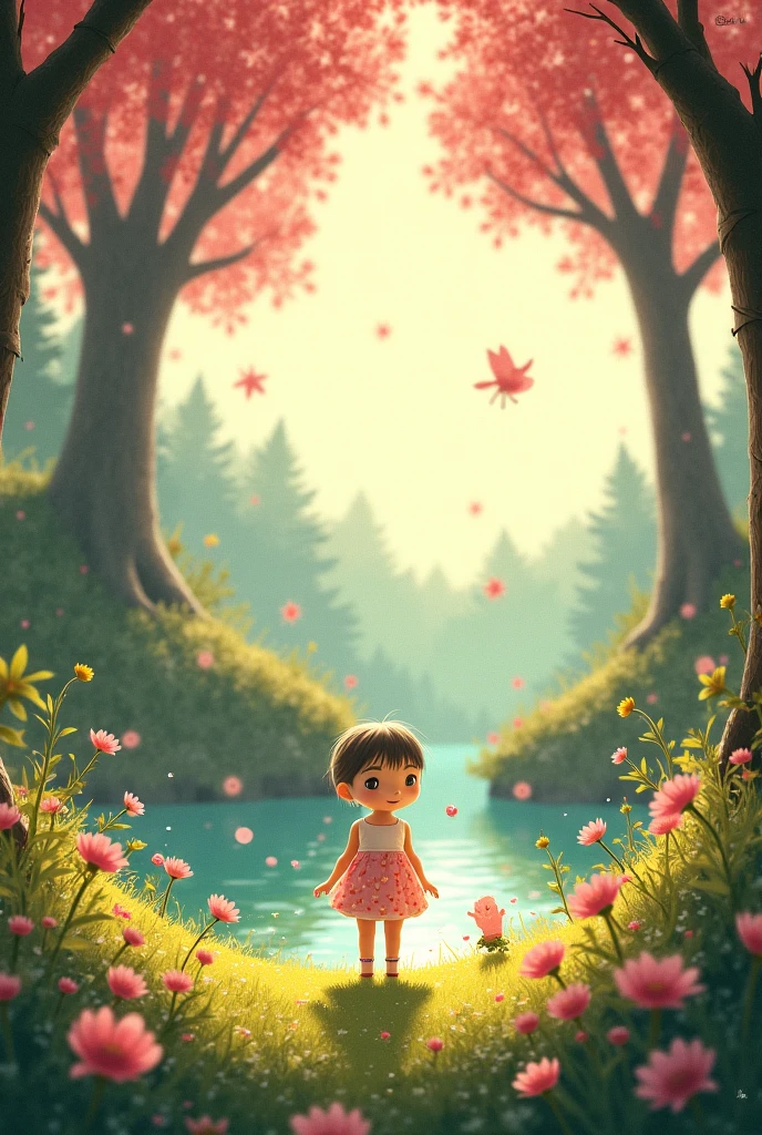 A 5-year-old brown-haired, brown-eyed girl wearing a Chinese-style dress is in the forest near a pond.