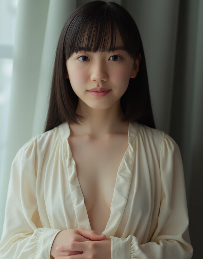 NSFW, masutepiece, Best Quality, 8K, 10yaers old, , Raw photo, absurderes, The cutest portrait in the world, Smile, Solo, (Nipples are almost visible:1.3), ((I'm wearing panties.)), huge tit, Idol face, violaceaess, Delicate girl, The upper part of the body, Digital SLR, Looking at Viewer, Candid, Sophisticated,Thin arms, Professional Lighting, Film grain, chromatic abberation, (Eyes and faces with detailed:1.0) , (Over-bathrobe:1.2) , (closes mouth:1.2), Good anatomy, Precise hands and fingers,