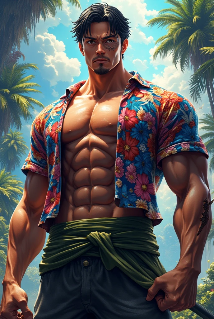Landscape photo of complete scene,Exquisite tropical scene,lifelike,(masterpiece,top quality,best quality,official art),Very detailed,rich and colorful,most detailed,God,shorter hair,blonde,Handsome man,gold necklace,Shirtless,suburbs,blue sunglasses,muscle,Chest muscles,Ethnic style tattoo,Nipple rings,Tropical plants,many bird of paradise flowers,tropical style
