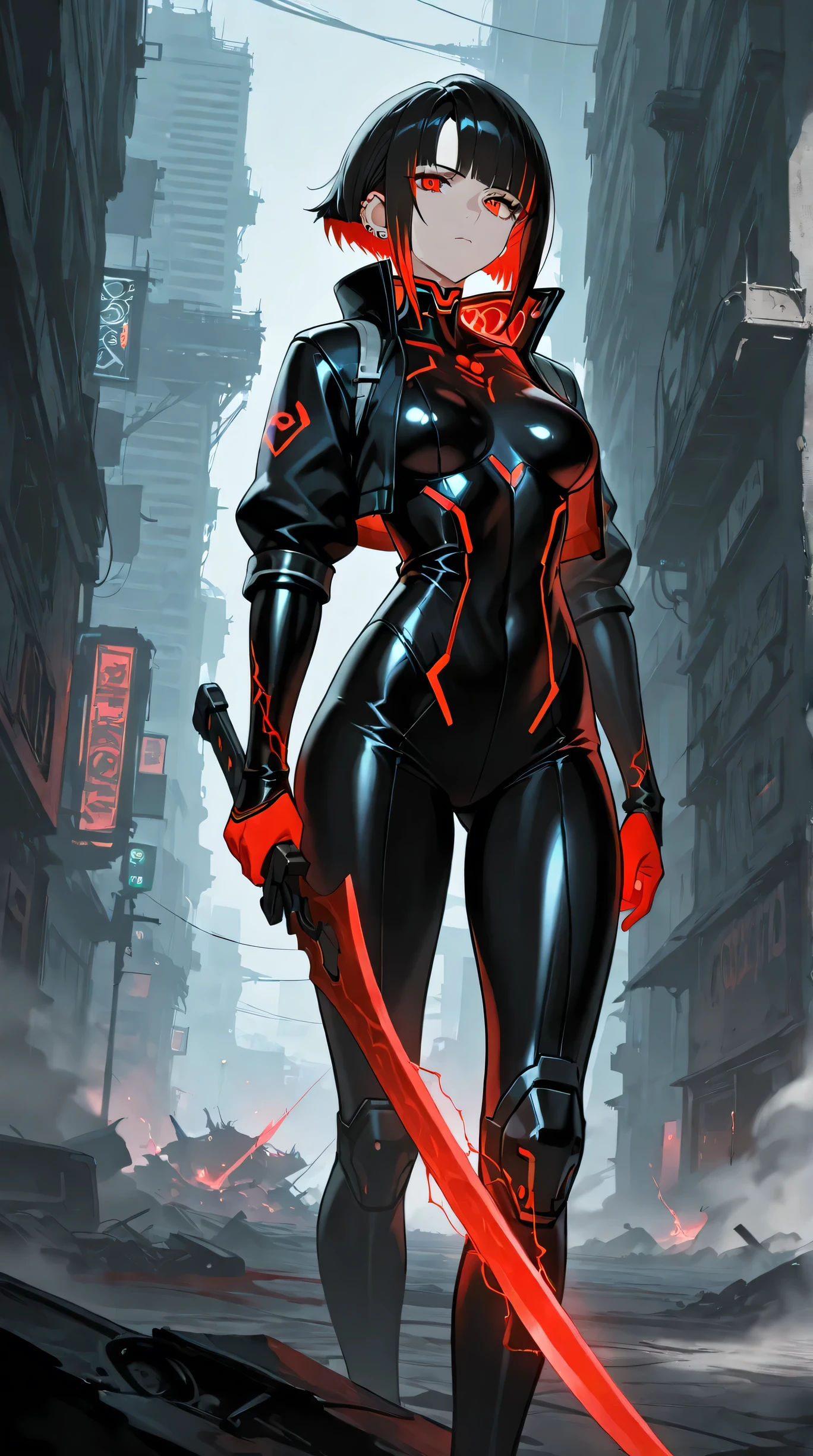 Masterpiece, Best Quality, Top Quality, Very Detailed, 1 girl, A dark cyberpunk warrior woman in a destroyed dystopian city. She has long black hair with glowing red streaks, piercing red eyes, and a deadly cyber-enhanced body. She wears a futuristic black armored bodysuit with red energy veins pulsing through it. She holds a blood-stained cyber-blade in a battle-ready pose. The background is a ruined futuristic metropolis, shrouded in smoke and ash. The color palette is monochrome with striking red highlights. High detail, ultra-HD, cinematic composition, dark sci-fi aesthetic.