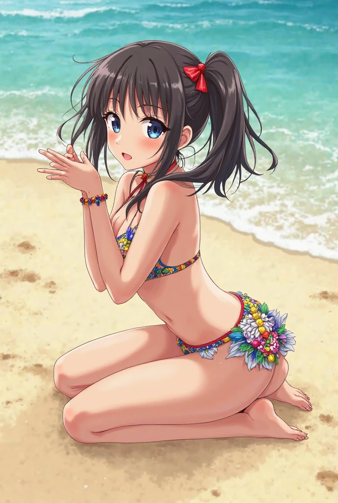 high quality, best quality, masterpiece, absurdres, suzumura yu, bikini, 1girl, solo, beach, smile, blush, looking_at_viewer, lying, on_stomach