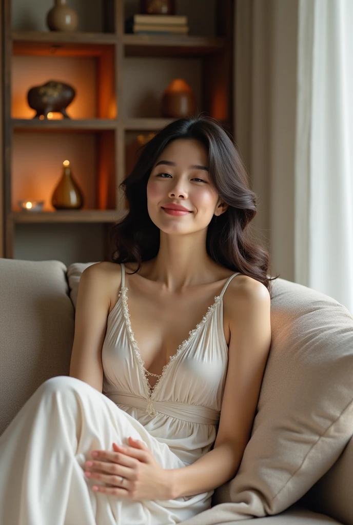 woman with serene smile, mouth closed