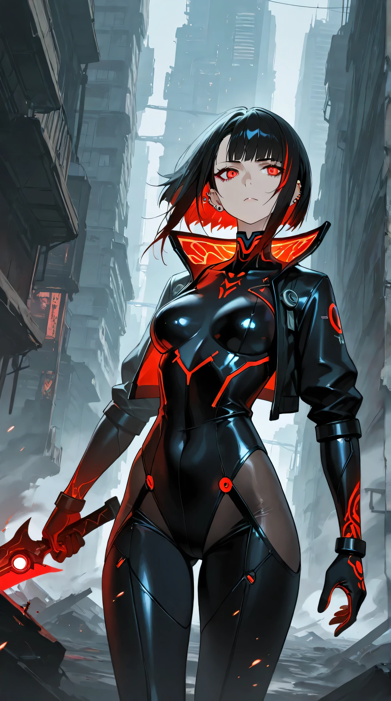 Masterpiece, Best Quality, Top Quality, Very Detailed, 1 girl, A dark cyberpunk warrior woman in a destroyed dystopian city. She has long black hair with glowing red streaks, piercing red eyes, and a deadly cyber-enhanced body. She wears a futuristic black armored bodysuit with red energy veins pulsing through it. She holds a blood-stained cyber-blade in a battle-ready pose. The background is a ruined futuristic metropolis, shrouded in smoke and ash. The color palette is monochrome with striking red highlights. High detail, ultra-HD, cinematic composition, dark sci-fi aesthetic.