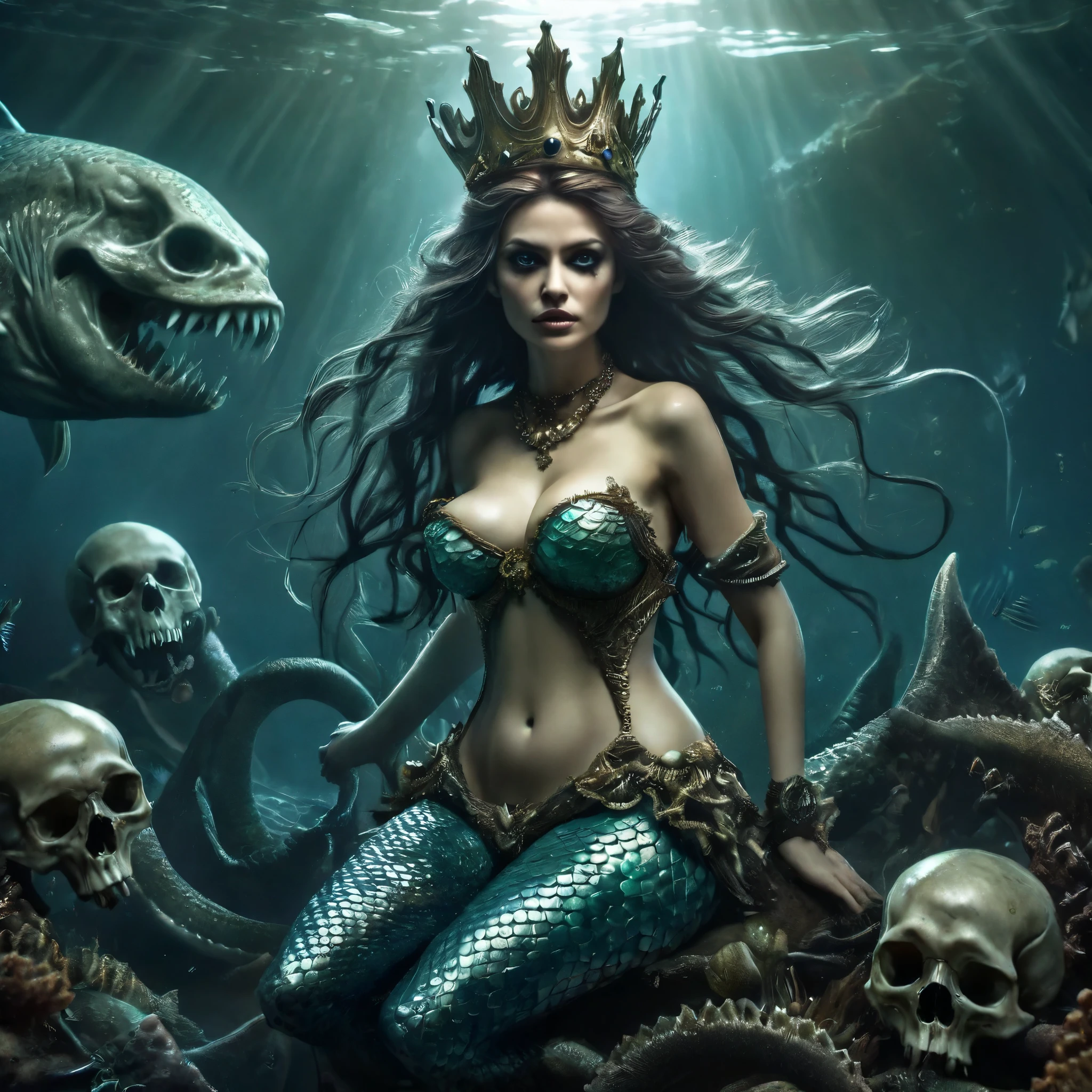 The terrifyingly  Frightening mermaid queen.  Full body shot. attacker , Needle teeth behind thin lips. Huge fishy eyes . A crown made of human bones . A bra made of skulls , sharp claws. Riding a huge kraken, Hyperdetalization. Hyperrealism . Frightening , fear, Horror. Great idea, gloomy atmosphere. brightest contrasting colors. 32k. octane render. 32k anatomically perfect, High Resolution, High Quality , Masterpiece