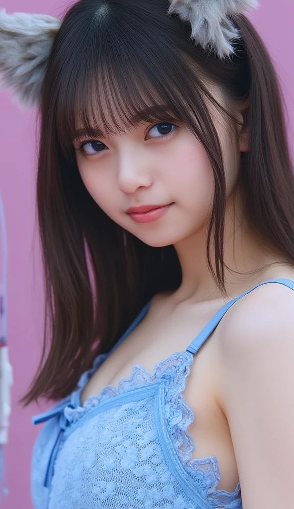 (High resolution photo, bust, 1 girl, 28 years old, woman, facial details, baby fat, waist accessories, smile, showing less teeth, white skin, upper body, off shoulder clown outfit, model pose, studio lighting)