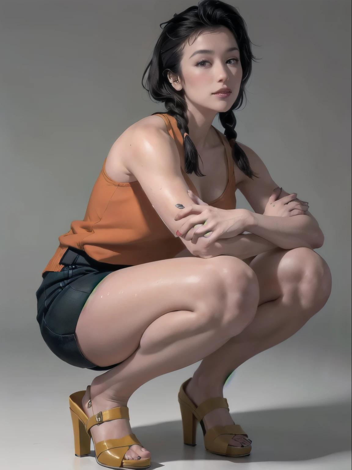 ((masterpiece, best quality)),  HD  ,[[[[ fine detail ]]]],Movie,Realistically  ,  best quality,masterpiece,firefly,(Realistically  :1.4)，( Sexy moms wear super short miniskirt:1.5)，braid，(developed thigh and calf muscles)，Oily body ，  wearing orange heels  ，(All thighs up to  )，smell，Face，，(Half squatting on the ground，  thigh muscles squeezed together  :1.2)，(Various squat designs ， better show thigh muscles :1.4)，(((wet thighs)))