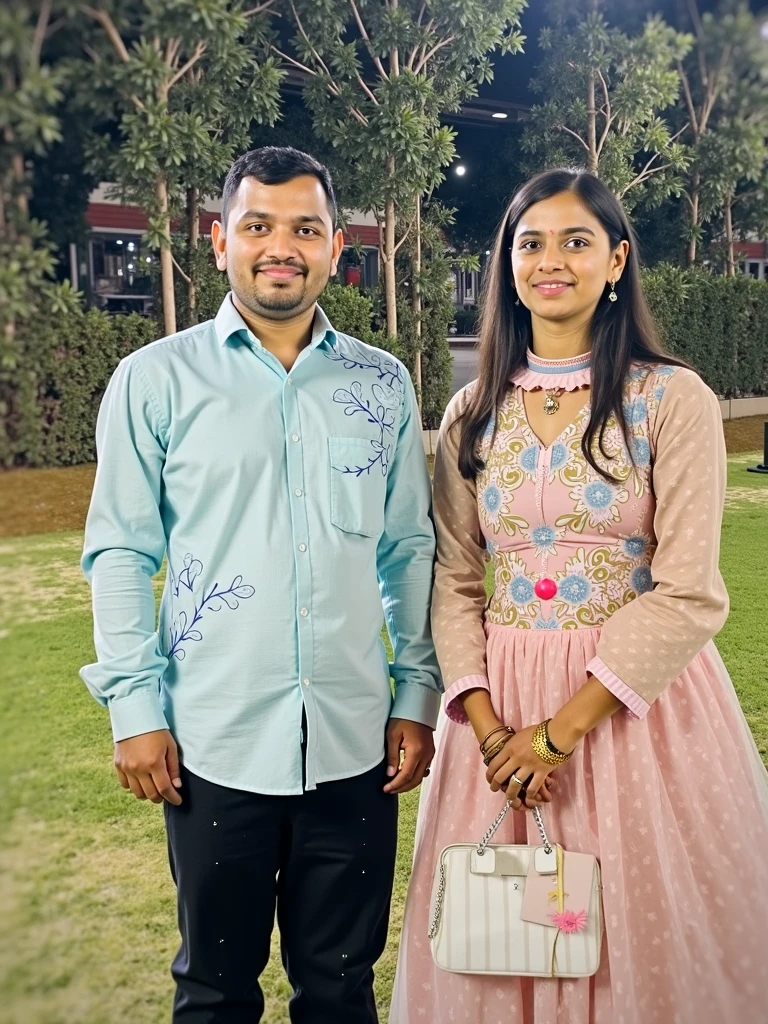 Generate a 3D illustration of a 24-year-old Indian couple in traditional attire, standing in front of temple at sun set time she wears a orange saree men wears Orange kurtha.