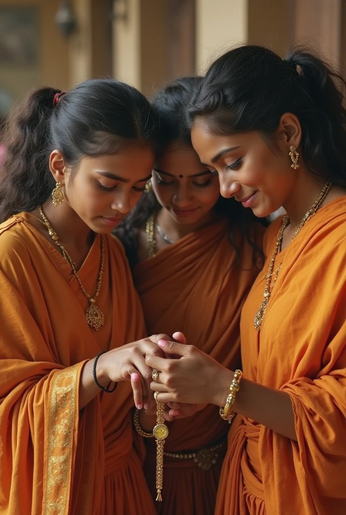 A girl who is about to get married and two women are applying turmeric powder to her but the girl is crying and she is wearing yellow clothes and the girl is sitting and two women are also sitting next to her and they are applying turmeric powder to her.