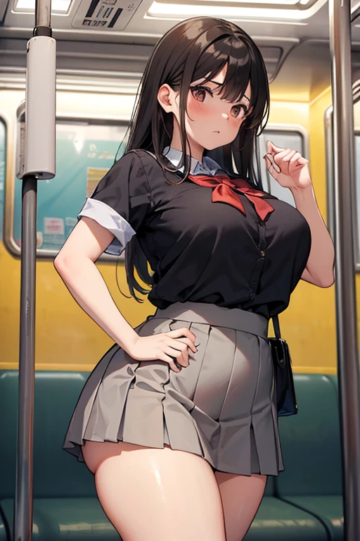 highest quality、High resolution、detailed background、Black square glasses、cute10代の美少女、(huge breasts:1.1)、perfect body line、Well-defined model body、braided ponytail、black floral embroidery panties、No bra、My clothes are wet and transparent、I can see the nipples、blush、I'embarrassingです、embarrassing、cowboy shot、
cuteセーラー服、white sailor collar、cute school cardigan、Pleated mini skirt with tartan plaid pattern、black knee high socks、pink overknee socks、Inside a crowded train、cute