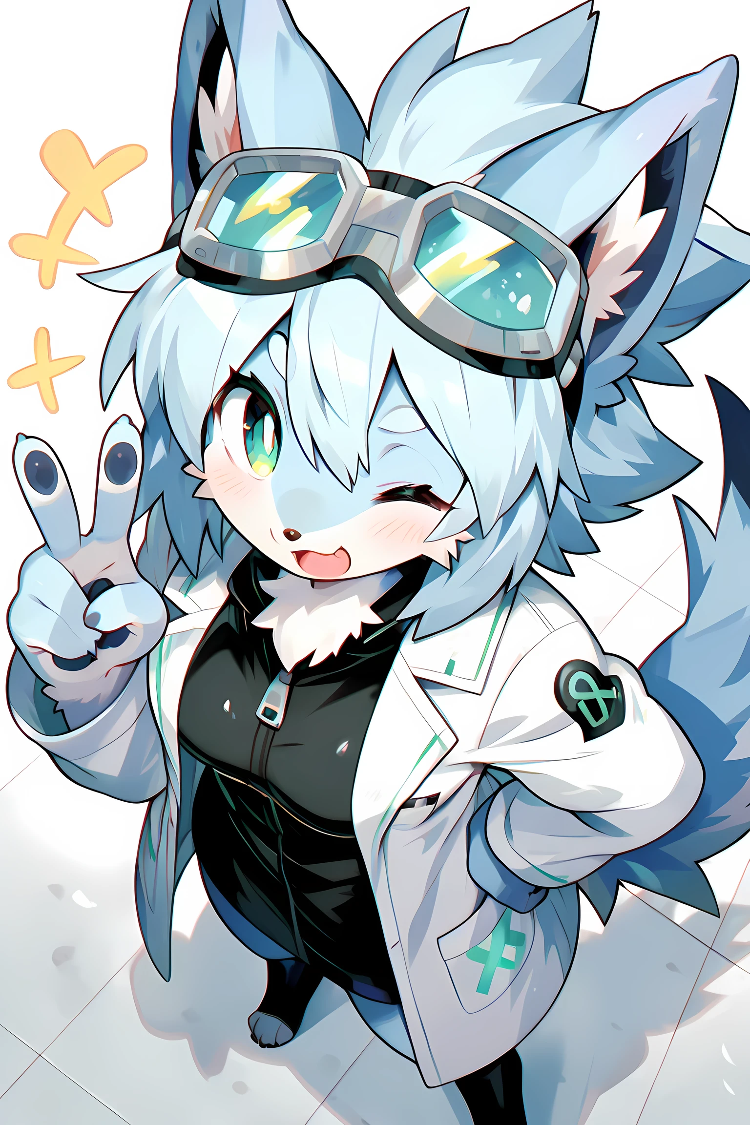 Anime style, top quality, masterpiece、 cartoon anime、female furry、 Light Blue Beast lab goggles 、wearing lab goggles, white coat, from above, wink, one eye closed, peace hand gesture, ✌
