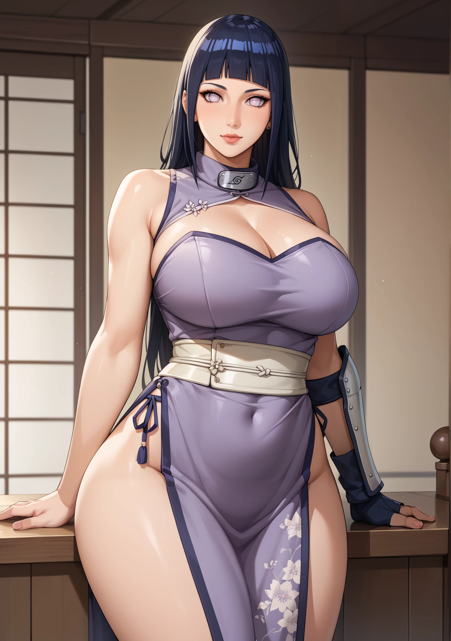 Score_9, Score_8_up, Score_7_up, Score_6_up, Score_5_up, Score_4_up, Source_anime, Tag1, Tag2, Quality_masterpiece, Anatomically correct, Beautiful face, Perfect face, Highly detailed beautiful face and eyes, Attractive face, Detailed face, Delicate facial features, Detailed skin, Massive breasts, Wide hips, Huge butt, Gargantuan butt, Thick thighs, Sensual woman, Seductive woman, Mature female, Milf, Motherly, Naruto: Series, Hyuga Hinata, Dark Blue Hair, Pale Lavender Eyes, Long Hair, Loose hairstyle, BREAK Rating_safe, ((((Armor, Asymmetrical armor, Armored dress, Qipao Inside Armor)))