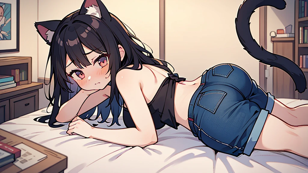 A girl with dark blue hair, cat ears and a tail, wearing a tank top and racing pants.　Loli body type　Spreading legs　Twin tails