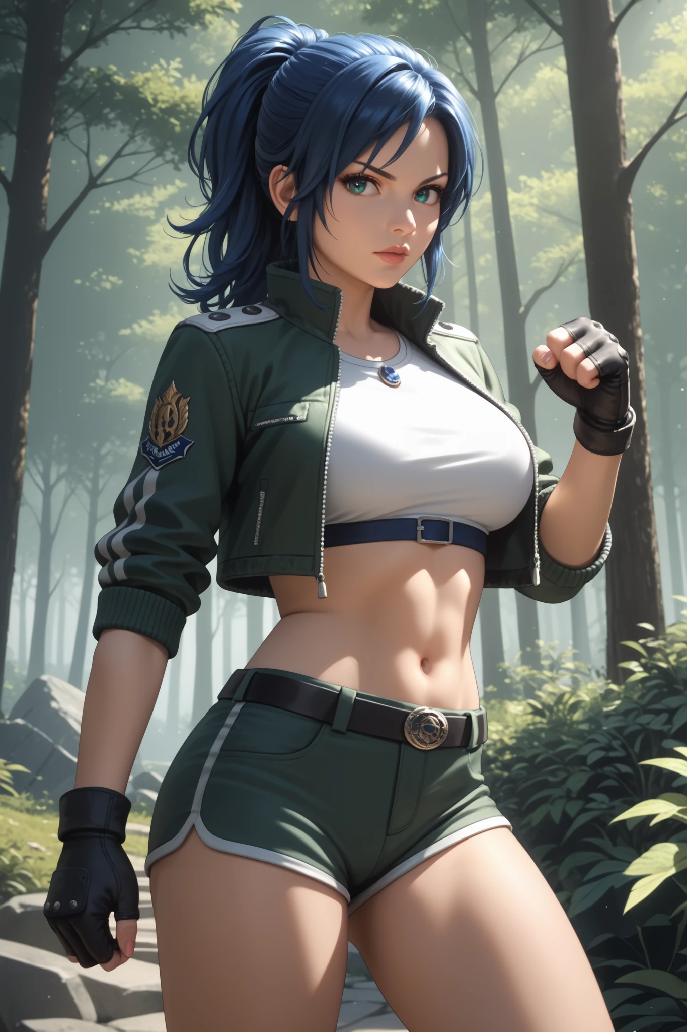 masterpiece, beautiful, ultra-detailed, detailed face, 4k, hd, perfect lighting, best quality, score_9, score_8_up, score_7_up, 2d art, perfect hands, perfect eyes
((cowboy shot))
leonakofdg,
blue eyes, blue hair, ponytail,
gloves, jacket, crop top, shorts,green jacket, green shorts
1woman, confident pose, fighting pose, serious, 30yo, big breast, adult, ((mature woman))
outside, forest
realism, detailed, skin texture style