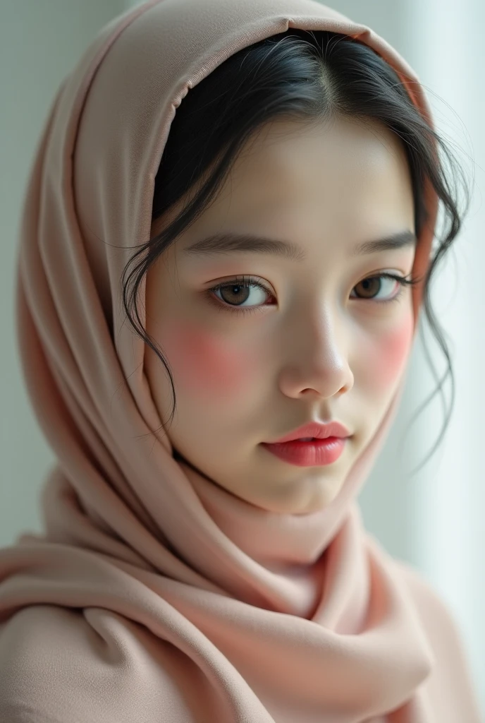 best quality, ultra high res, (photorealistic:1.4), 20 years old girl, (ulzzang-6500:0.8), (forehead), upper body, nude, naked, 8k, hijab pashmina, detail