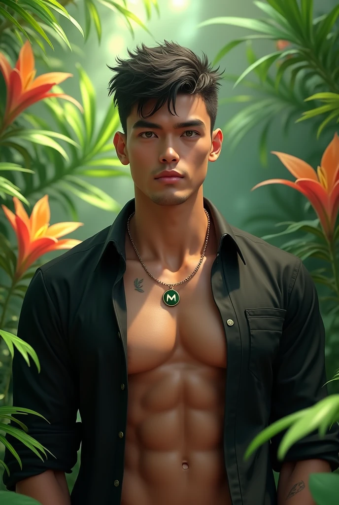 1 boy,Handsome,tall and strong,Perfect male image, Keep your eyes on the camera, ((Tanned skin)),forest,Feather hair ornaments,black hair,The expression is serious,necklace,Ray tracing