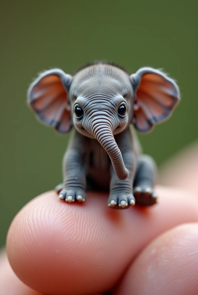 Photorealistic, 34k, A micro baby elephant perched on a human finger. Hyperrealistic, hyperdetailed