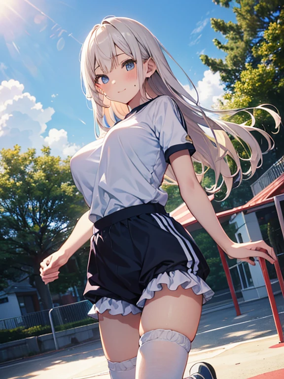 ((front)、)panty shot、tennis wear、Beautiful Girl Magician、((silver hair upstyle))、((whole body))、(((photo taken from below)))、Tennis court