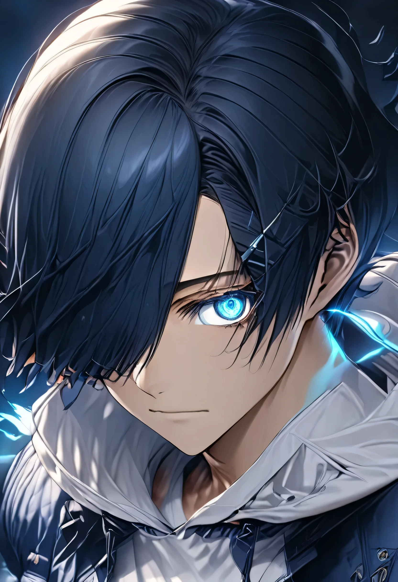 cybernetical eye, android young man, eye trail, Eyes that shine blue, blue afterglow in the eyes,